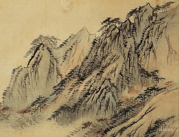 산수화의 준법(皴法) - ③ 김홍도의 〈기로세련계도〉 송악산 세부