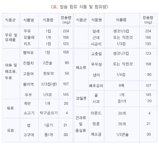 칼슘 함유 식품 및 함유량