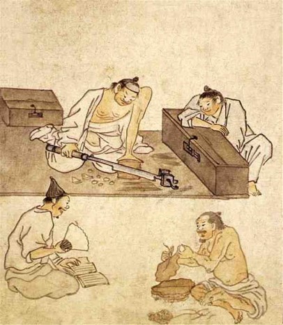 김홍도의 <담배 썰기>