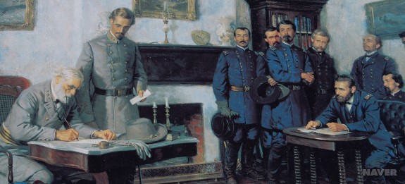 북군 앞에서 항복 문서에 서명하는 남군의 리 장군(왼쪽)