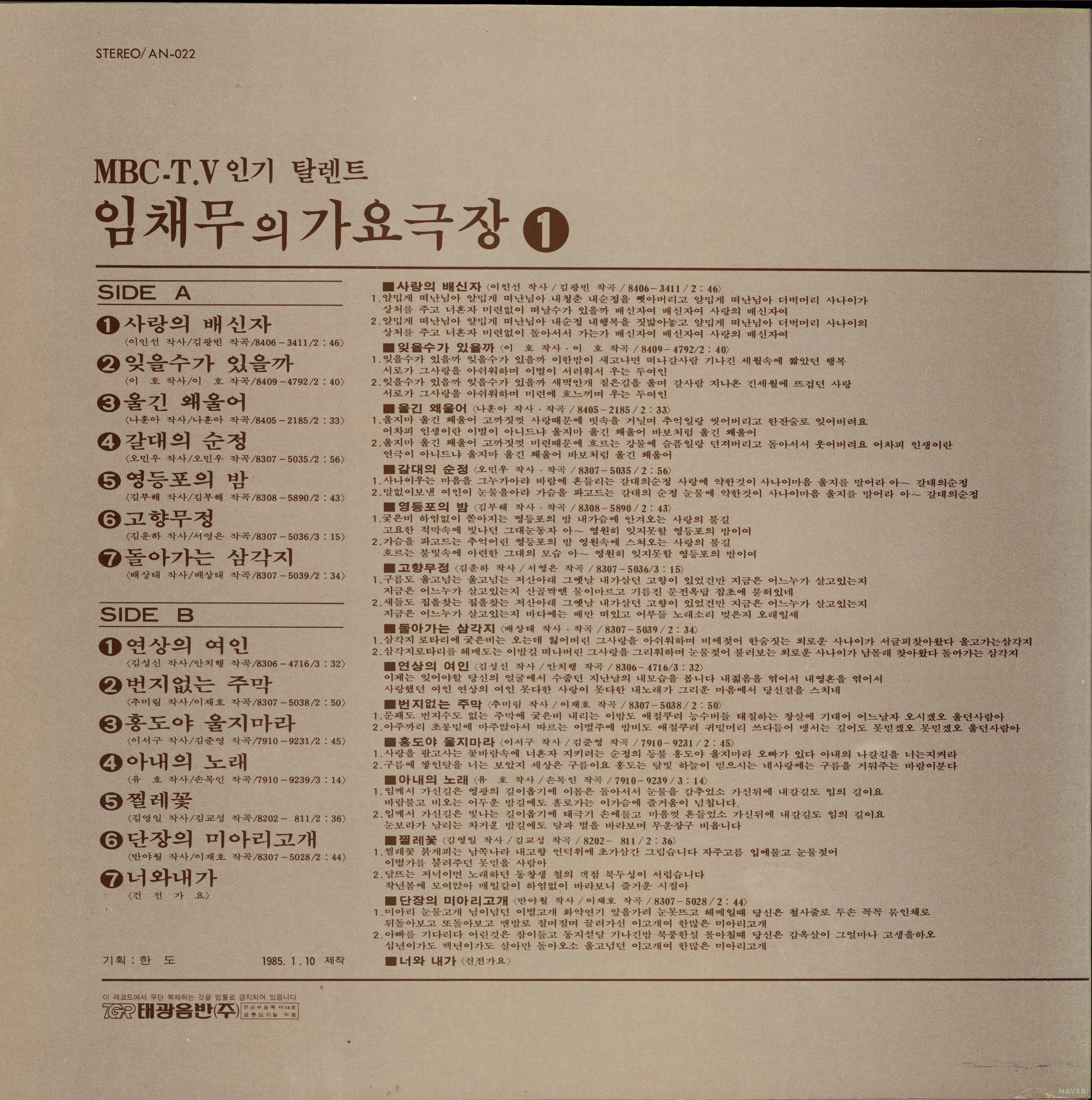 MBC-T.V 인기 탈렌트 임채무의 가요극장 1 - MBC-T.V 인기 탈렌트 임채무의 가요극장 1 앨범 뒷면