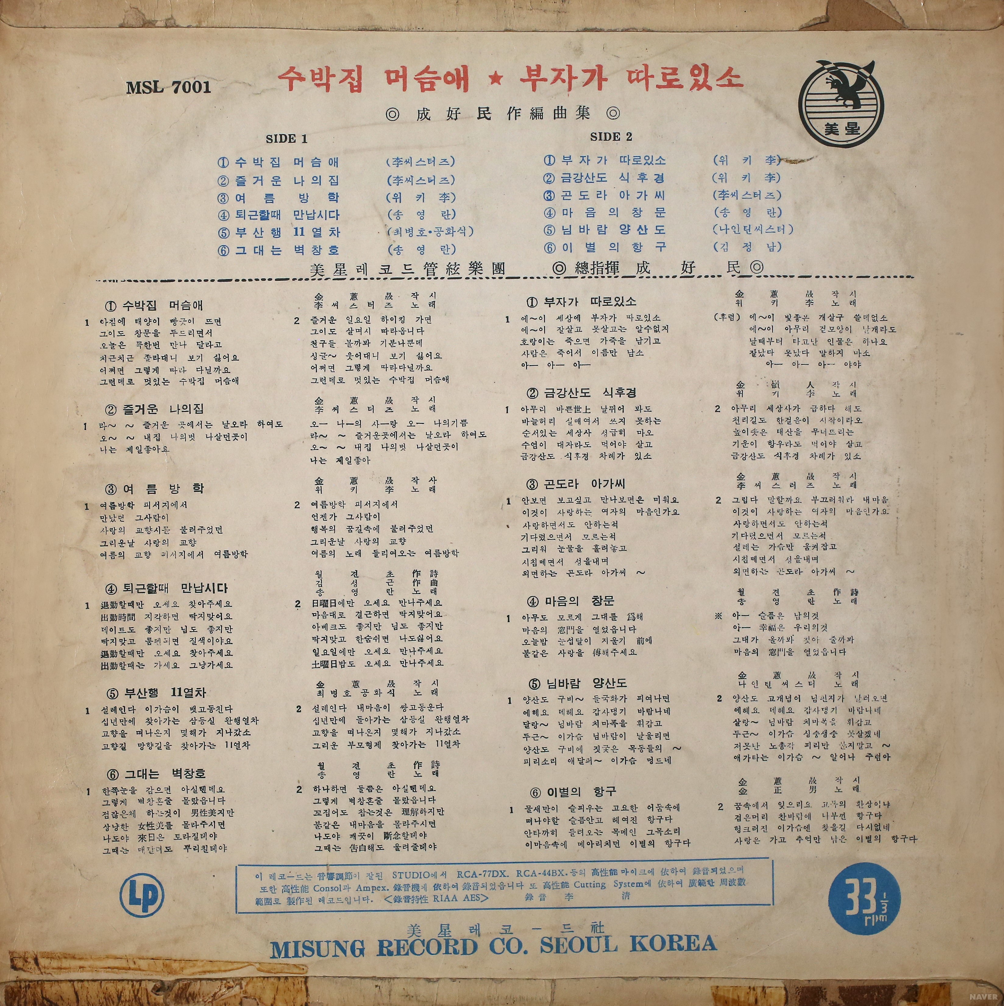 수박집 머슴아 / 부자가 따로있나 / 마음의 창문 - 수박집 머슴아 / 부자가 따로있나 / 마음의 창문 앨범 뒷면