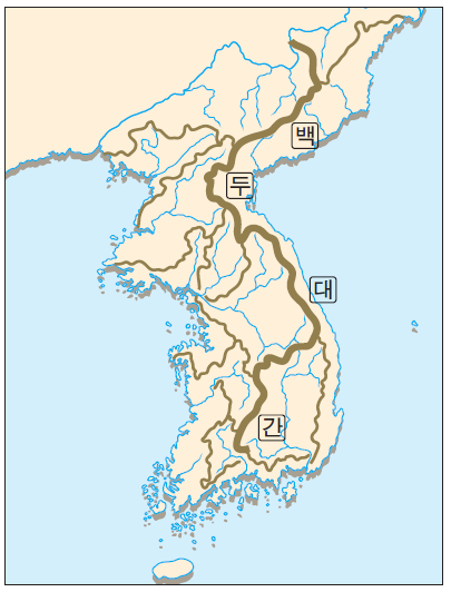 우리나라의 지도 - 우리나라의 산줄기를 나타낸 지도