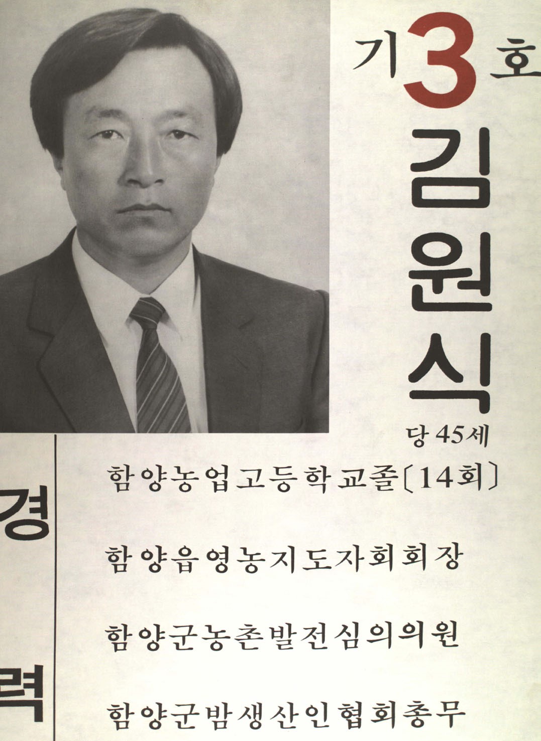 1991구시군의회의원선거경남 함양군 기초의원 김원식 선거벽보 - 1991 구시군의회의원선거 경남 기초의원 김원식 선전벽보