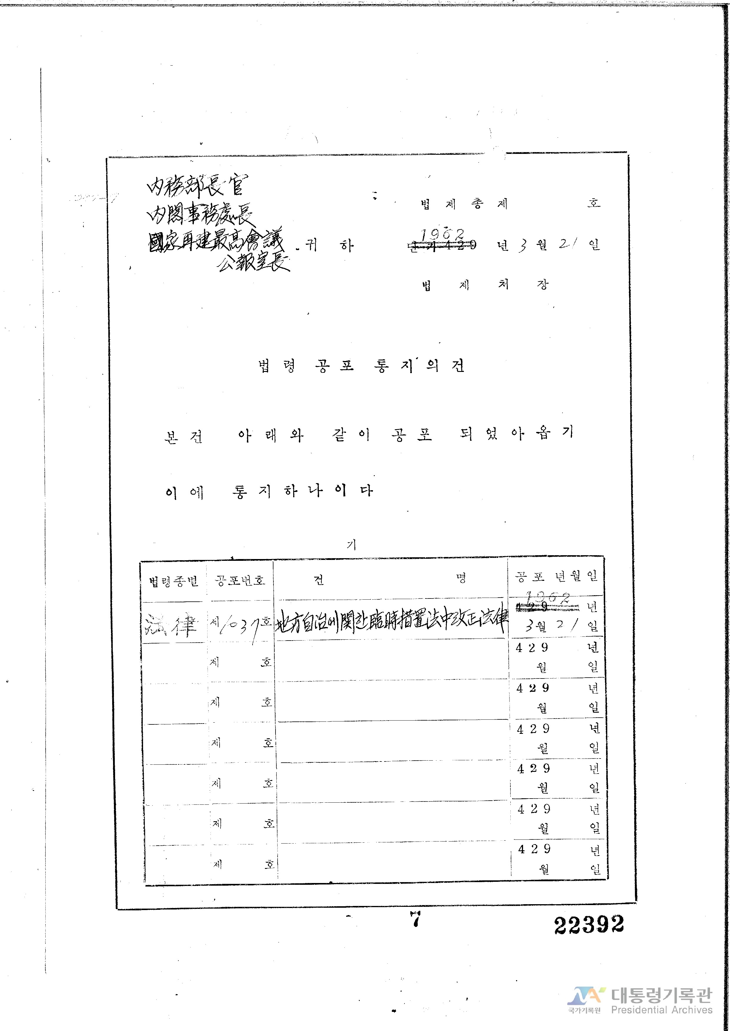 중단기(1961~1990) : 법률제개정 - 지방자치에 관한 임시조치법중 개정법률 공포의 건