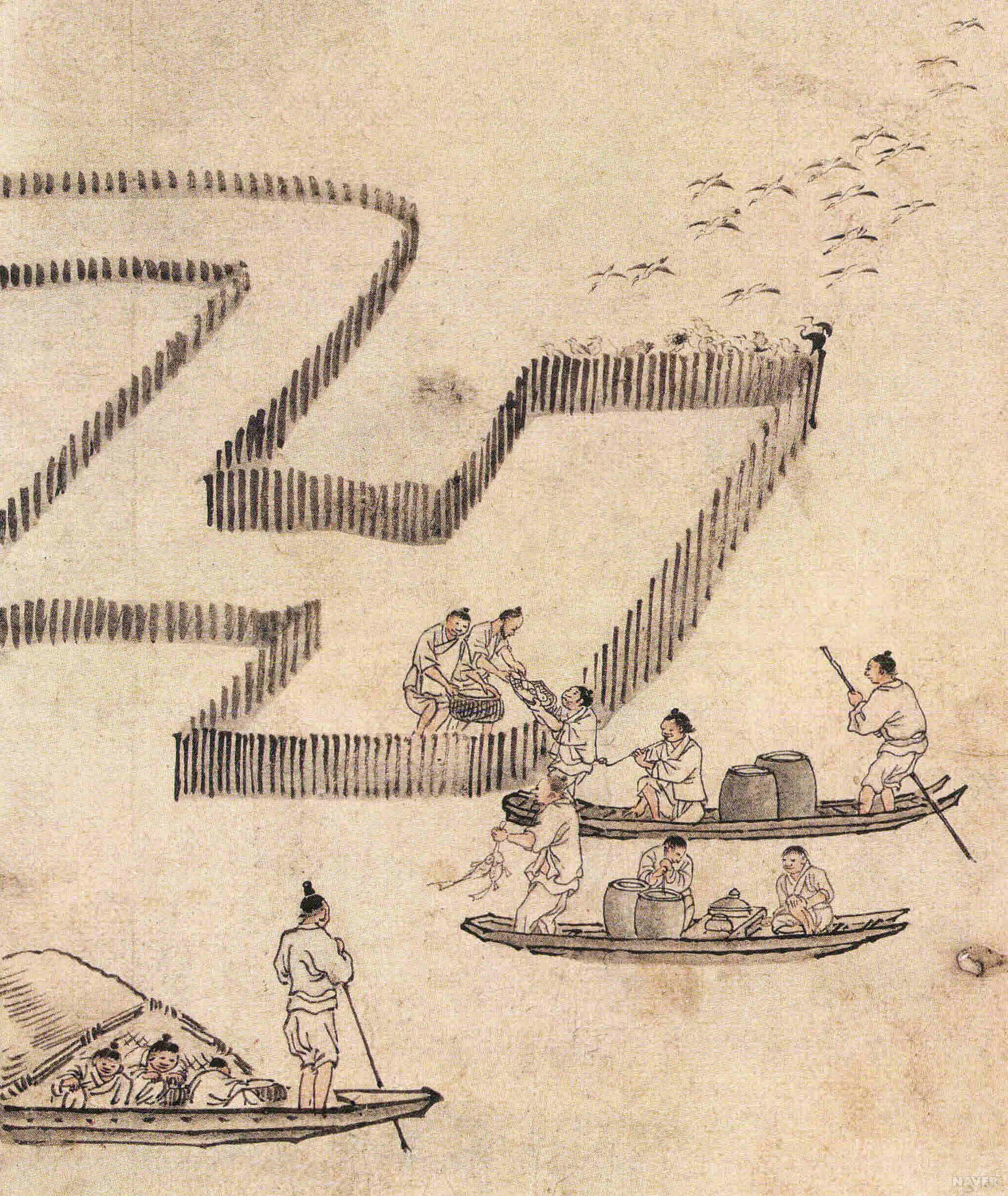 고기잡이 - 《단원풍속화첩》 중 <고기잡이>, 김홍도, 18세기 후반, 종이에 담채, 27.0 × 22.7cm, 국립중앙박물관